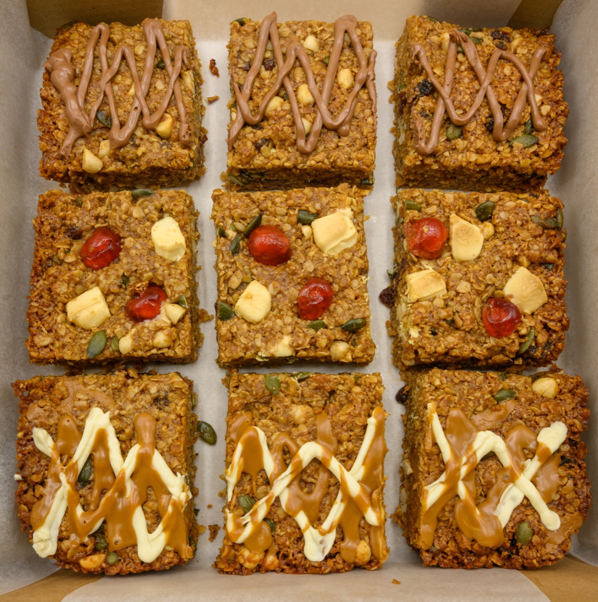 Chunky oat flapjacks loaded with toppings